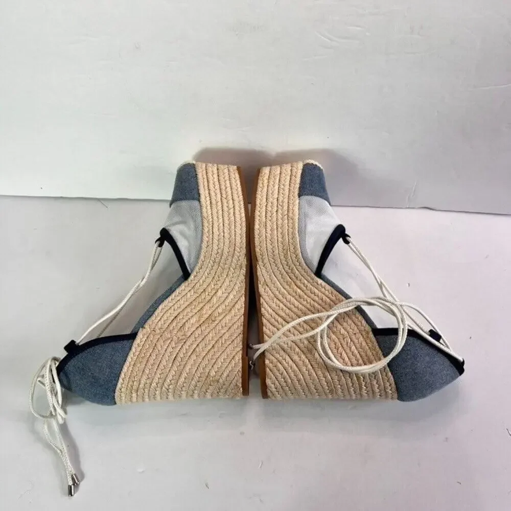 Gianni Bini Sandals Platform Wedges Women 7 Blue Denim Mesh Espadrille Gladiator - Picture 5 of 13